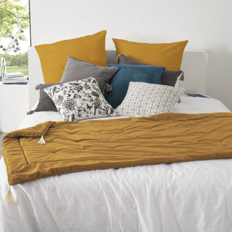 Atmosphera – Édredon en velours ocre 80 x 180 cm – Polyester 100% – Lavable en machine – Couverture décorative pour lit et canapé