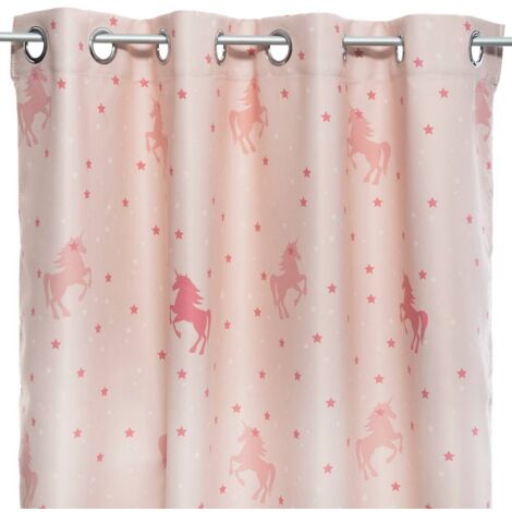 Atmosphera – Rideau occultant enfant rose 140x250 cm – Motif licornes et étoiles phosphorescentes – 8 œillets ronds pour pose facile