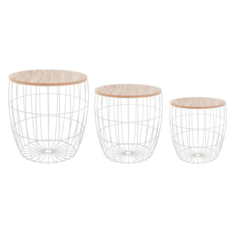 Atmosphera – Lot de 3 tables basses empilables en MDF et acier – Surface mélamine chêne – Diamètres 30,5/38/40,5 cm – Hauteurs 31,5/39/41 cm