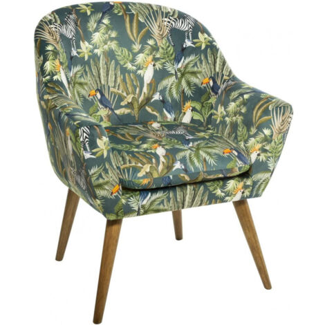 Atmosphera – Fauteuil relax en velours vert motif jungle – Structure contreplaqué – Rembourrage mousse PU – Dimensions L. 70,5 x P. 65 x H. 83 cm