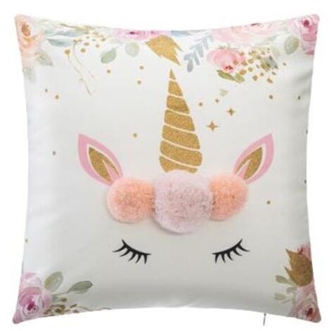 Atmosphera – Coussin décoratif déhoussable licorne 40 x 40 cm – Polyester 100% – Housse avec zip – Pompons et paillettes dorées