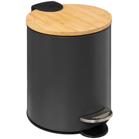 5Five Simply Smart – Poubelle de salle de bain 3L en métal gris avec couvercle en bambou – Mécanisme à pédale silencieux – Poignée pour transport facile