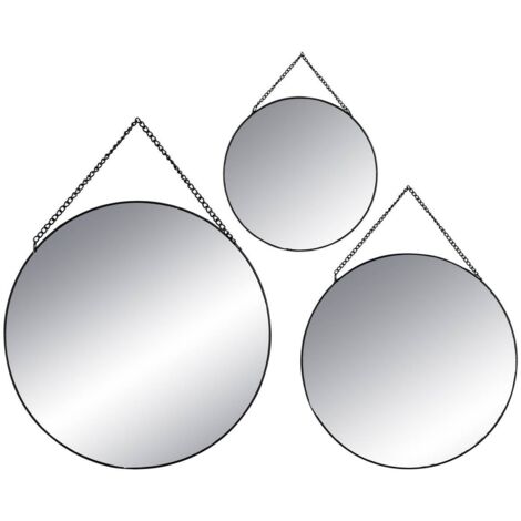 Atmosphera – Lot de 3 miroirs ronds en métal noir – Diamètre 20/24/29 cm – Chaîne intégrée pour suspension facile – Décoration intérieure