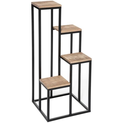 Atmosphera – Porte-plante 4 étagères en métal et pin H88cm – Structure robuste pour plantes d'intérieur – Dimensions 36x36cm – Montage facile (1/4)