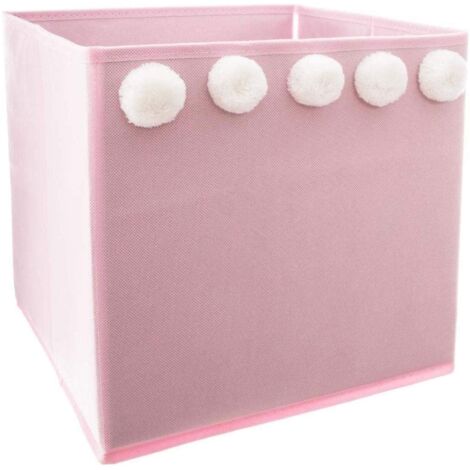Atmosphera – Bac de rangement pliable 29x29x29 cm – Papier et polypropylène – Couleur rose avec 5 pompons décoratifs – Pour jouets et livres (1/4)