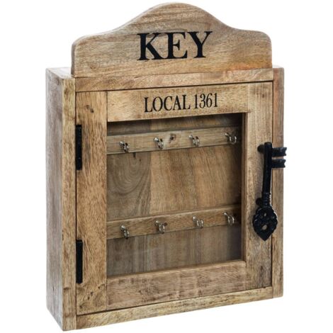 Atmosphera – Boîte à clés en bois de manguier 30x40 cm – 10 crochets métalliques – Porte vitrée avec fermeture aimantée – Design rétro
