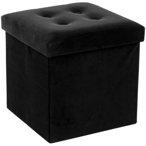Atmosphera – Pouf velours noir pliable avec coffre de rangement – Dimensions 38x38x38 cm – Rembourrage polyuréthane – Idéal pour salon et chambre