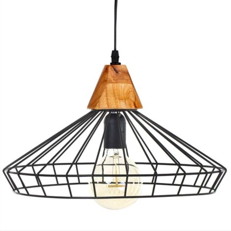 Atmosphera – Suspension filaire métal et bois – Abat-jour fer noir – Support bois – Longueur câble 80 cm – Douille E27 – Puissance max 40W (1/10)