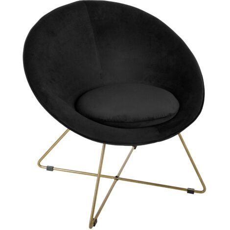 Atmosphera – Fauteuil relax velours noir avec pieds en métal doré – Dimensions L. 76 x l. 62,5 x H. 73,5 cm – Confort ergonomique pour salon