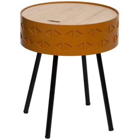 Atmosphera – Table d'appoint coffre multifonctionnelle jaune moutarde D39cm – MDF et bois de Paulownia – Pour intérieur scandinave ou bohème