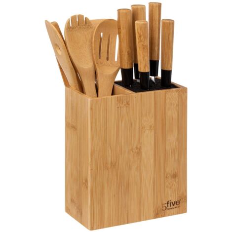 5Five Simply Smart – Set d'accessoires de cuisine en bambou – 5 couteaux en acier inoxydable – 5 ustensiles – Bloc de rangement élégant 17,5x10x35cm