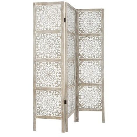 Atmosphera – Paravent ethnique en bois sculpté et blanchi 169 cm – 3 panneaux ajourés – Pour séparation de pièce ou brise-vue décoratif