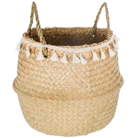 Atmosphera – Panier décoratif tressé en roseau et coton – Ø 31 cm – Franges blanches – Pour rangement jouets et cosmétiques