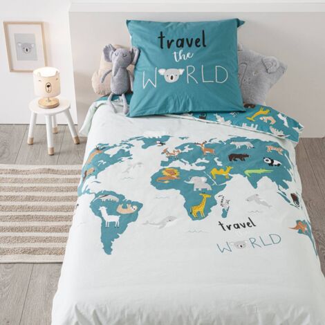 Atmosphera – Parure de lit enfant carte du monde 140x200 cm – Housse de couette 100% coton – Taie d'oreiller 65x65 cm – Lavable en machine jusqu'à 60ºC