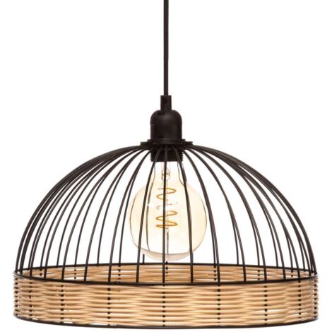 Atmosphera – Suspension en métal et rotin noir D 35 cm – Hauteur 25 cm – Douille E27 – Longueur câble 80 cm – Pour ampoules à filament