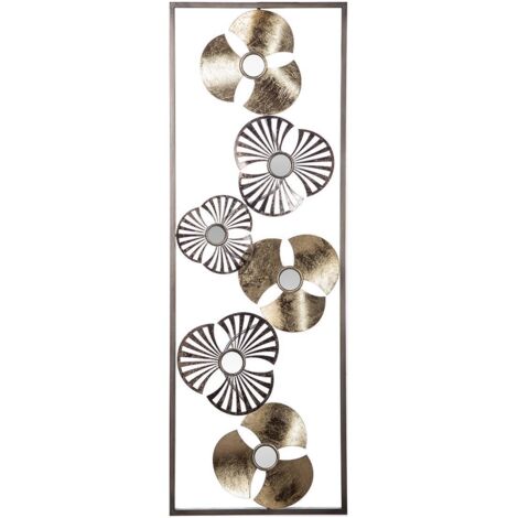Atmosphera – Décoration murale en métal fleurs dorées 31 x 89 cm – Fer et verre – Miroirs ronds pour embellissement intérieur