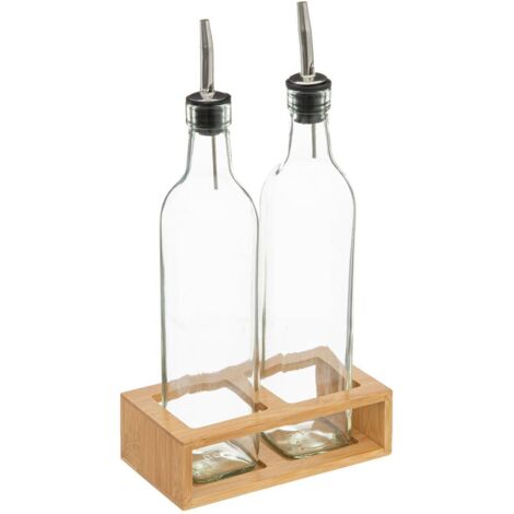 5Five Simply Smart – Ensemble de 2 bouteilles en verre pour huile et vinaigre – Distributeurs anti-goutte – Support en bambou – Capacité 480 ml