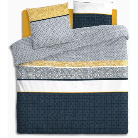 Atmosphera – Parure de lit ethnique bleue 260x240 cm – Coton 100% tissé 57 fils – Housse réversible et 2 taies d'oreiller incluses