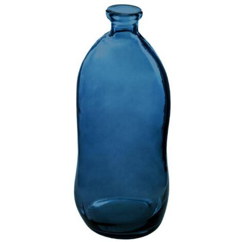 Atmosphera – Vase bouteille en verre recyclé bleu orage H 35 cm – Design brut et original – Pour fleurs à longues tiges – Fabrication artisanale