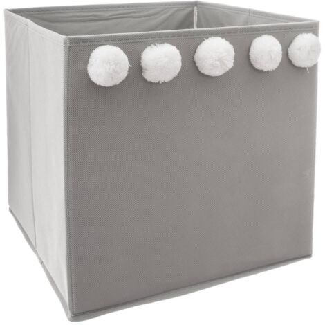 Bac de rangement enfant pompons gris 29x29cm - Atmosphera créateur d'intérieur