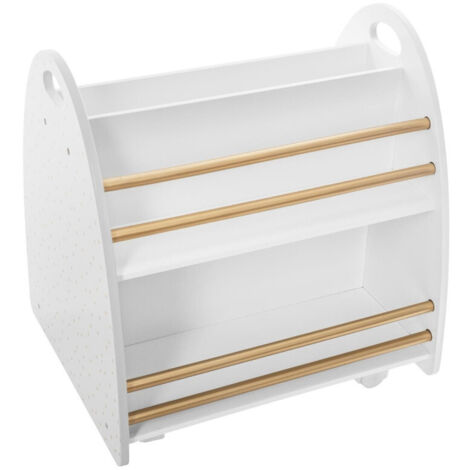 Atmosphera – Bibliothèque enfant mobile en bois massif blanc et doré – Dimensions 47,5 x 40 x 50 cm – Étagères avec protection dorée – Roulettes pour déplacement facile