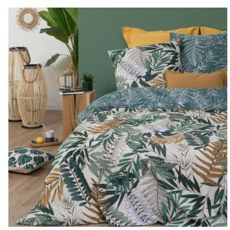 Atmosphera – Parure de lit 2 personnes 240 x 220 cm – Housse de couette 100 % coton – 2 taies d'oreiller 65 x 65 cm – Imprimé tropical