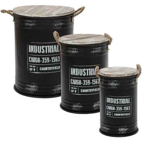 Atmosphera – Lot de 3 coffres en métal noir industriel rétro – Dimensions : D. 27/33,5/40 x H. 41/46,5/51,5 cm – Poignées en chanvre – Plateau en sapin
