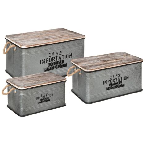 Atmosphera – Lot de 3 malles en métal gris avec plateau en bois de sapin – Dimensions : 45,2x30x25 cm, 54,3x34x29,1 cm, 60,3x38x33 cm