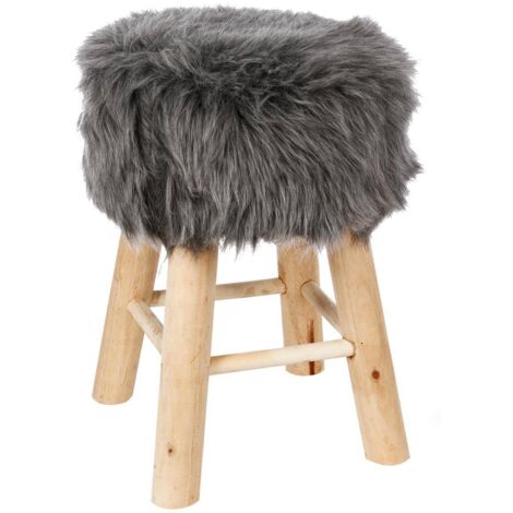 Ac-Deco – Tabouret effet fourrure gris 30cm diamètre – Hauteur 42cm – Structure en pin – Assise en polyester – Meuble d'appoint élégant