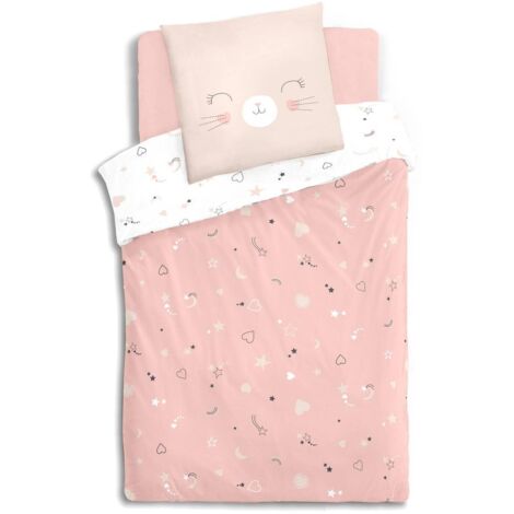 Atmosphera – Parure de lit enfant 140x200 cm rose 100% coton – Housse de couette et taie d'oreiller – Hypoallergénique et thermorégulatrice