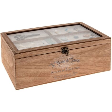 Atmosphera – Boîte à couture compartimentée en bois et verre – Dimensions L. 30 x P. 19 x H. 10,8 cm – Poids 1,3 kg – Rangement pour accessoires