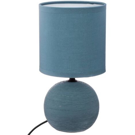 Atmosphera – Lampe céramique bleue striée 24,7 cm – Abat-jour Ø 12,9 cm en toile – E14 60W – Lampe de chevet moderne