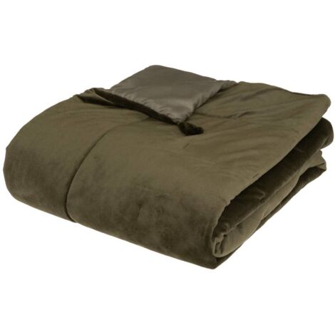 Atmosphera – Edredon couverture velours kaki 80 x 180 cm – 100% polyester – Épaisseur 2 cm – Label OEKO-TEX – Ultra déco avec pompons