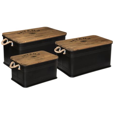 Atmosphera – Lot de 3 malles métal noir avec plateau en bois de sapin – Dimensions S: 45,2x30x25cm, M: 54,3x34x29,1cm, L: 60,3x38x33cm