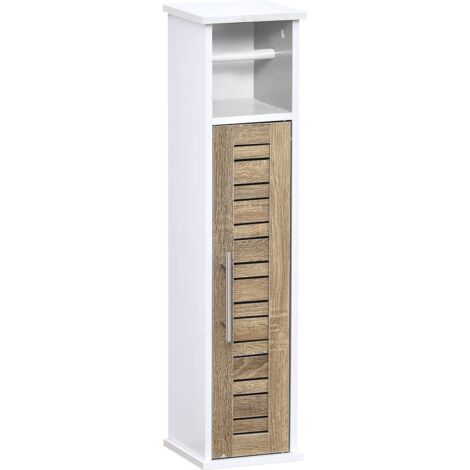 Tendance – Réserve et dérouleur papier WC autoportant en bois MDF – 1 porte, 1 étagère – Dimensions 18x18x75 cm – Couleur blanc et chêne vieilli