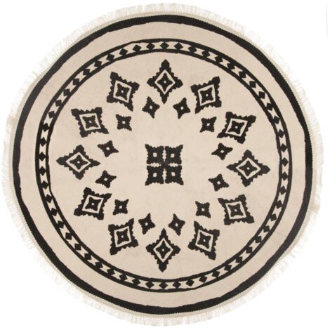 Atmosphera – Tapis rond frangé ethnique en coton et polyester – Diamètre 90 cm – Motif noir sur fond écru – Conception résistante pour usage quotidien