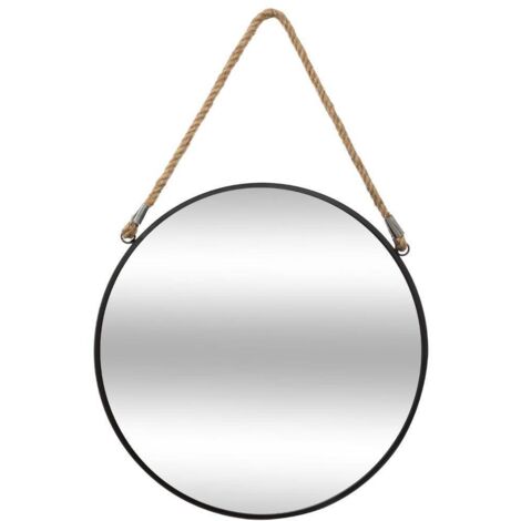 Atmosphera – Miroir mural rond en métal noir D 38 cm – Corde en jute pour suspension – Élégant et moderne pour salon et chambre