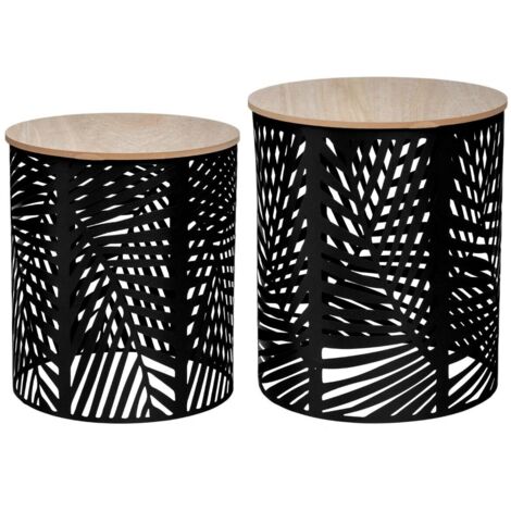 Atmosphera – Lot de 2 tables à café en métal noir avec plateau en bois MDF – Dimensions D. 35/39 cm x H. 40/45 cm – Design chic et contemporain