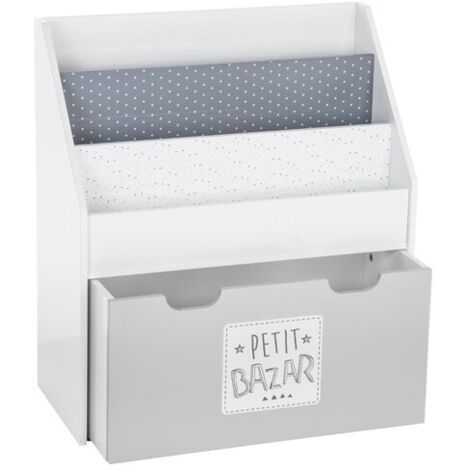 Atmosphera – Bibliothèque enfant gris et blanc avec tiroir – Dimensions L. 62,5 cm x P. 30 cm x H. 70 cm – MDF haute qualité pour sécurité enfant