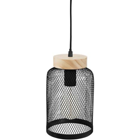 Atmosphera – Suspension en métal noir et bois de pin D 15 cm – Abat-jour ajouré pour diffusion optimale de la lumière – Compatible E27 (1/6)