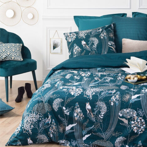Atmosphera – Parure de lit 240 x 220 cm – Housse de couette avec 2 taies – 100% coton – Motif paon bleu canard – Lavable en machine