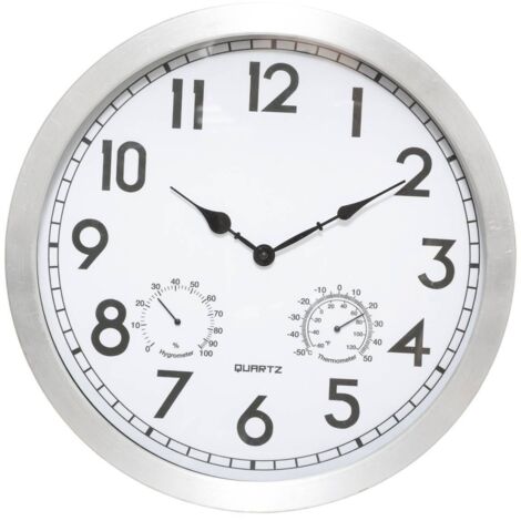 Atmosphera – Horloge murale extérieure en aluminium et verre D 40 cm – Mécanisme silencieux – Hygromètre et thermomètre intégrés