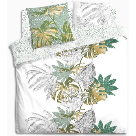 Atmosphera – Parure de lit Monstera 240x220 cm – 100% coton – Imprimé tropical – 2 taies d'oreiller 65x65 cm – Label OEKO-TEX