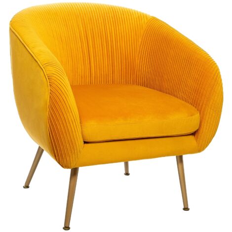 Atmosphera – Fauteuil relax en velours plissé jaune moutarde – Dimensions L. 74 x l. 70 x H. 78 cm – Structure en bois et fer – Tissu déhoussable