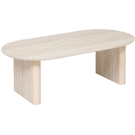 Atmosphera – Table basse fixe ovale 120x60x40 cm – MDF E1 effet travertin – Pieds en U stables – Finition mate texturée beige clair