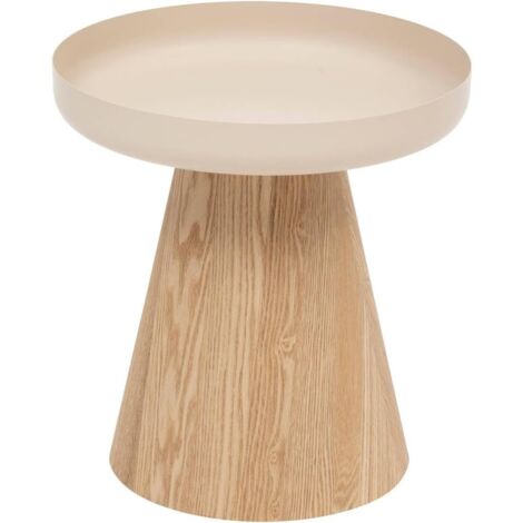 Atmosphera – Table à café ronde D40 en acier beige et bois de frêne – Hauteur 41,8 cm – Pied conique pour petits espaces – Facile à entretenir