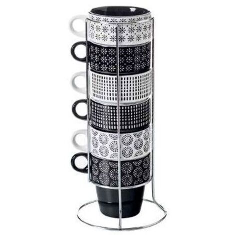 Lot de 6 mugs en faïence avec rack en métal – 26 cL – Motifs noirs et blancs – Compatible micro-ondes et lave-vaisselle – Secret De Gourmet