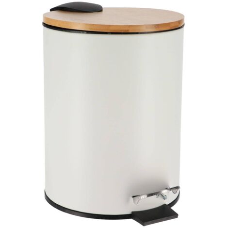 Tendance – Poubelle de salle de bain 3L en métal blanc avec couvercle en bambou – Système de frein de chute – Dimensions 17 x 20.5 x 23.5 cm