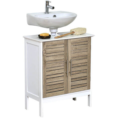 Tendance – Meuble sous vasque simple 60x30x70 cm – MDF blanc imitation chêne – 2 portes et 1 étagère – Montage facile avec notice incluse
