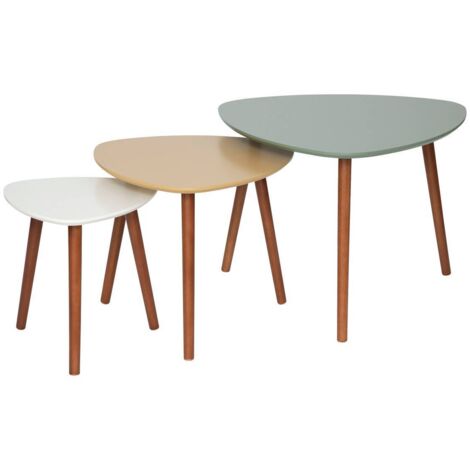 Atmosphera – Lot de 3 tables à café gigogne en bois MDF et pieds en bois d'hévéa – Couleurs vert, ocre, blanc – Dimensions S/M/L 34/47/60cm